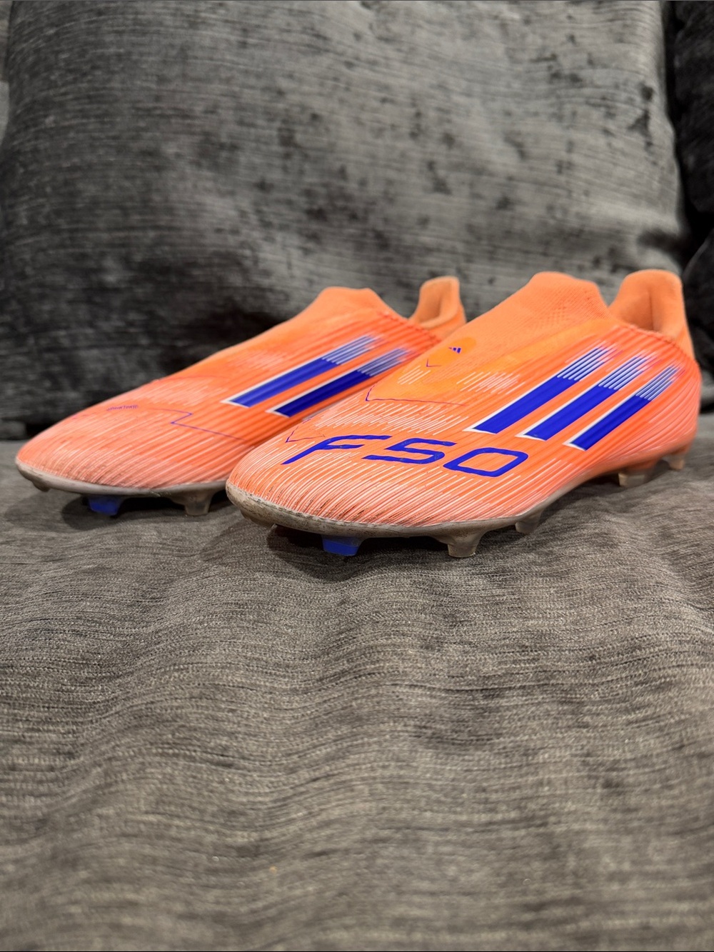 adidas Laceless Soccer Cleats in Neon Orange with Blue Accents - Picture 4 of 6